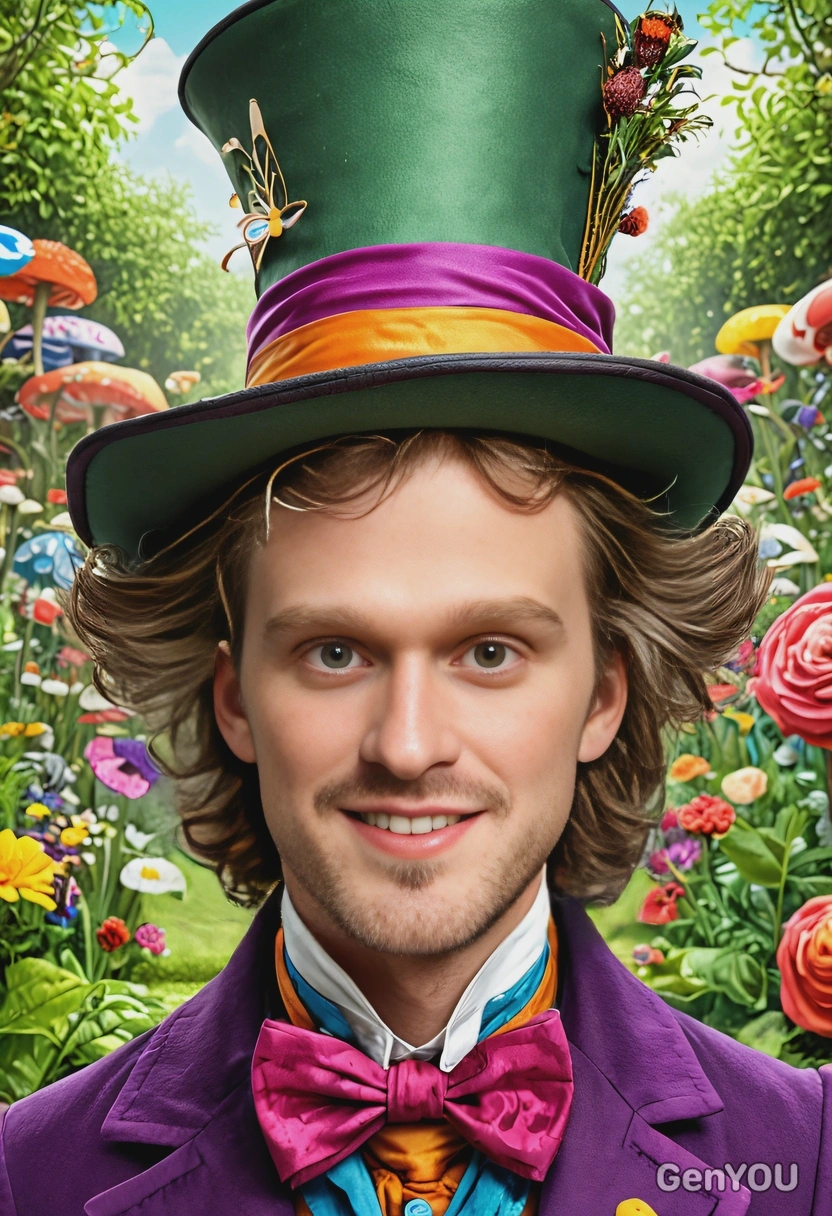 as a quirky mad hatter, large eccentric hat, whimsical garden tea party, vivid cartoon colors, smiling, looking directly at the camera, symmetrical clothing details, big round eyes, cartoonish style, high-quality stylized art, visible brushstrokes
