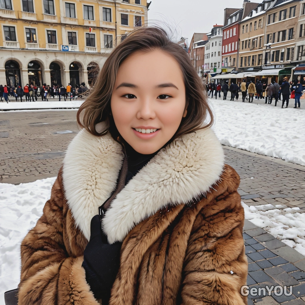 selfie-style shot, smiling, with a side sweep, wearing a vintage fur coat, in a snowy city square during winter