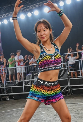 in colorful festival gear dancing at a summer music event, with the stage lights in the background