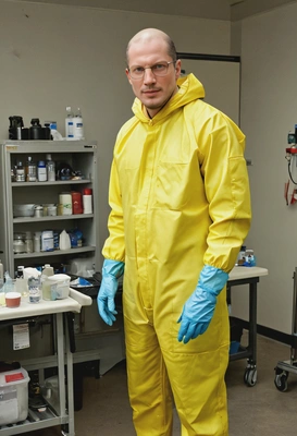 as Walter White from Breaking Bad, bald, van dyke beard, in a yellow hazmat suit, in a makeshift lab