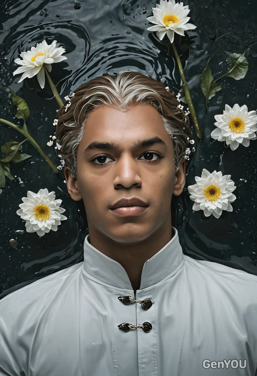 as Ofelia from Hamlet, white flowers, symmetrical pose and hair, lying in water, dark and sad atmosphere