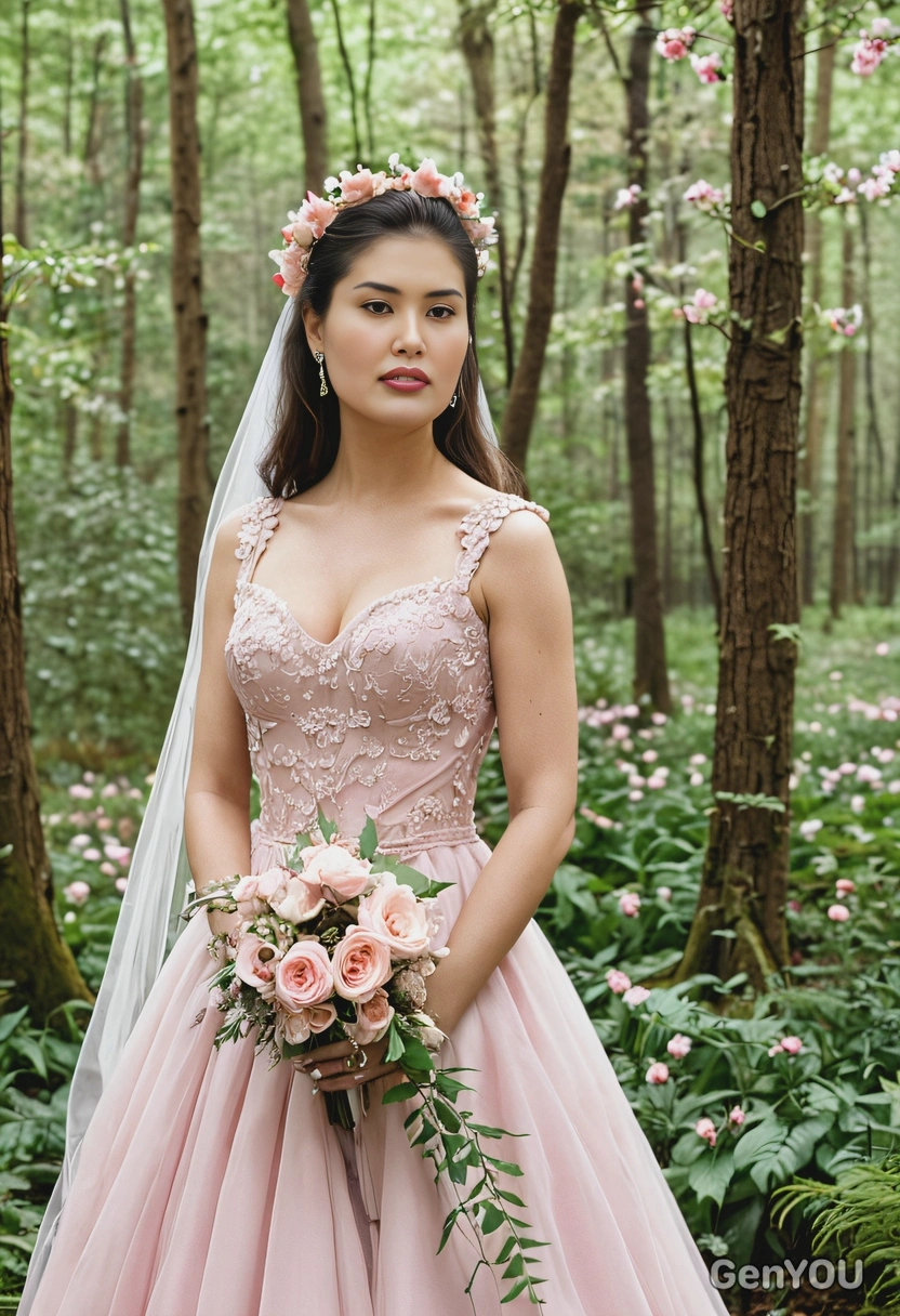 As a bride wearing a blush pink wedding dress, standing in a whimsical woodland wedding surrounded by flowers
