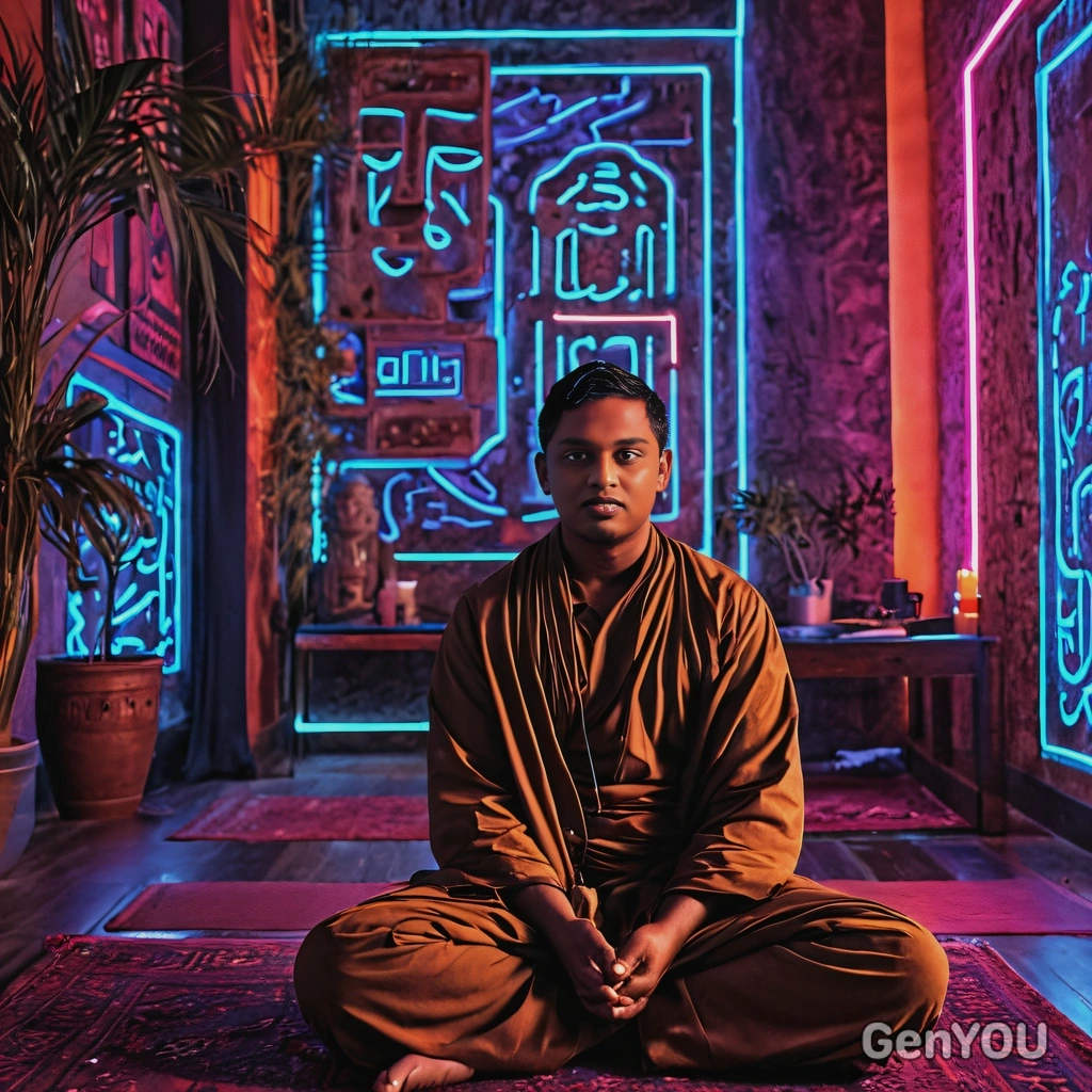Techno monk, meditating in a serene room filled with neon lights