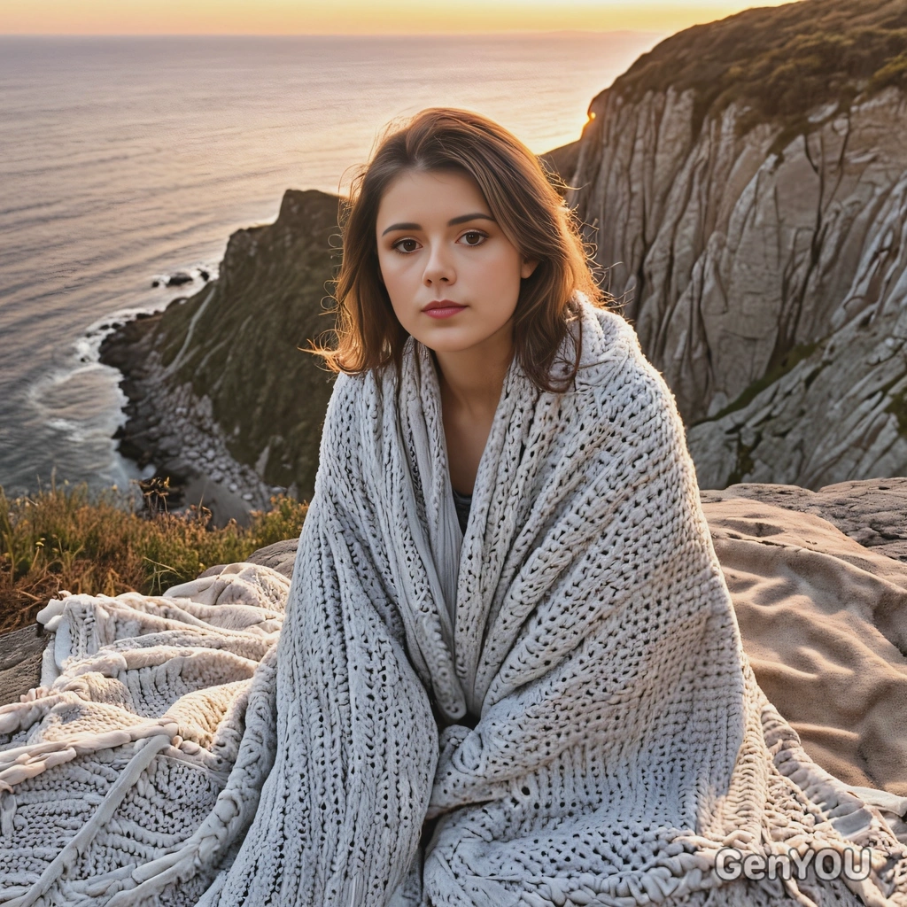 a woman sitting on the edge of a cliff at dawn, wrapped in a cozy blanket, look at the camera, sunset 