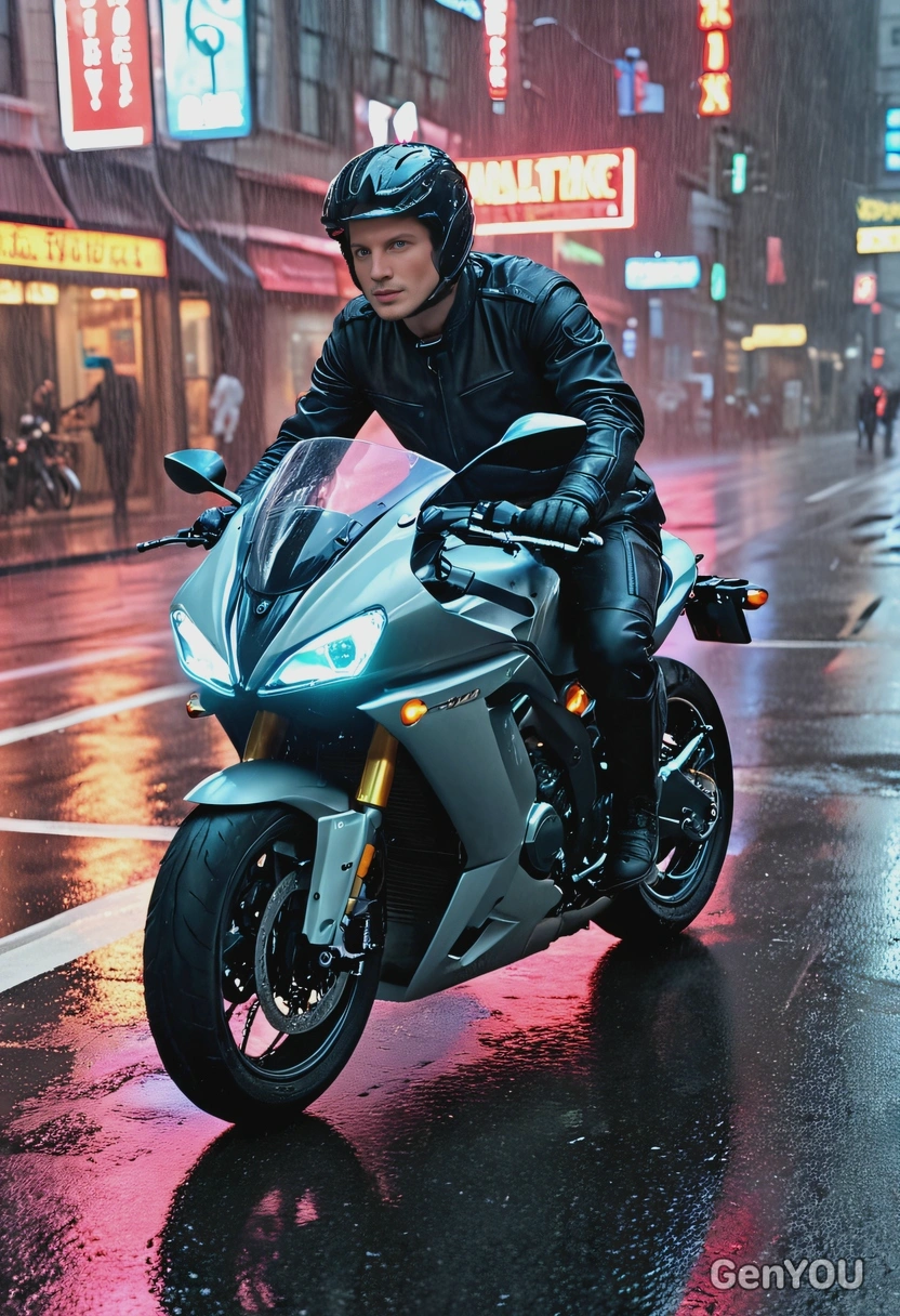 riding a futuristic motorcycle through rain-soaked, neon-lit street