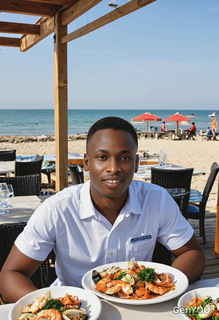 enjoying seafood at a seaside restaurant
