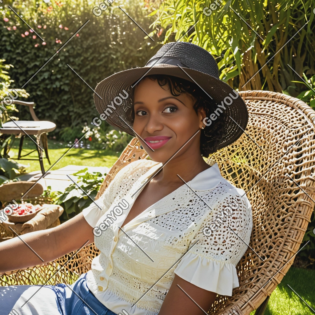wearing a vintage hat, sitting in a wicker chair in a sunlit garden