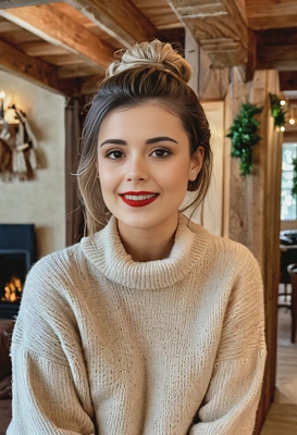 mid-shot, smiling, with a soft half-updo, wearing a light cashmere sweater, inside a cozy winter lodge