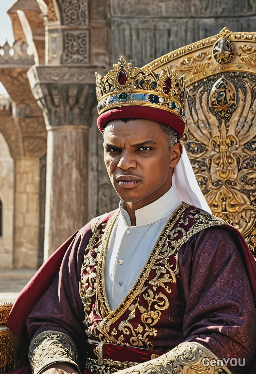 sharp quality, Ottoman Empire sultan, wearing royal clothing, massive crown, sitting on the throne, powerful look, blurry Citadel in the background, sun rays