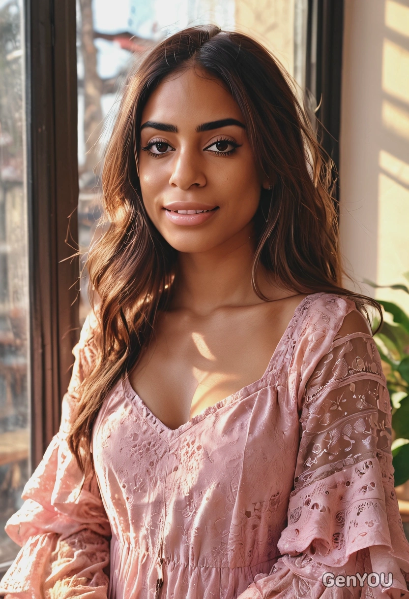 iPhone camera quality, sharp skin texture details, realistic textured face skin, pink plumpy  lipsgloss, wearing oversized 2. sheer boho layered dress with flared sleeves, romantic pose, blurry coffeeshop background, morning sun rays from the window