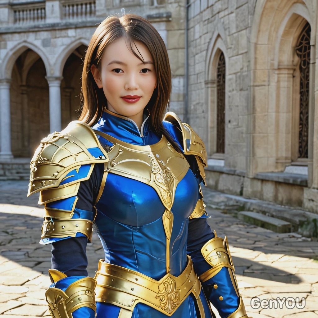 as Cassandra from SoulCalibur, dressed in her blue and gold armor with a short sword and shield, standing in a sunlit courtyard 