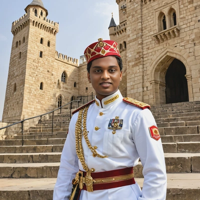 as a prince wearing a military-inspired royal uniform, posing confidently on the steps of a majestic castle with grand towers in the background