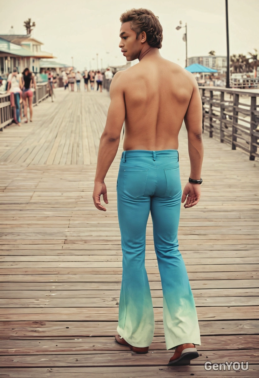 in 1970s bell-bottoms, walking along a beach boardwalk, with a retro color fade, blurred background