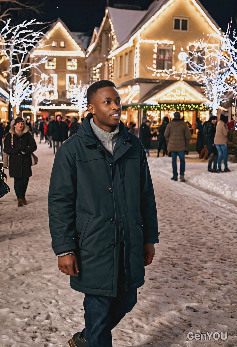 walking through a winter town square, surrounded by twinkling holiday lights