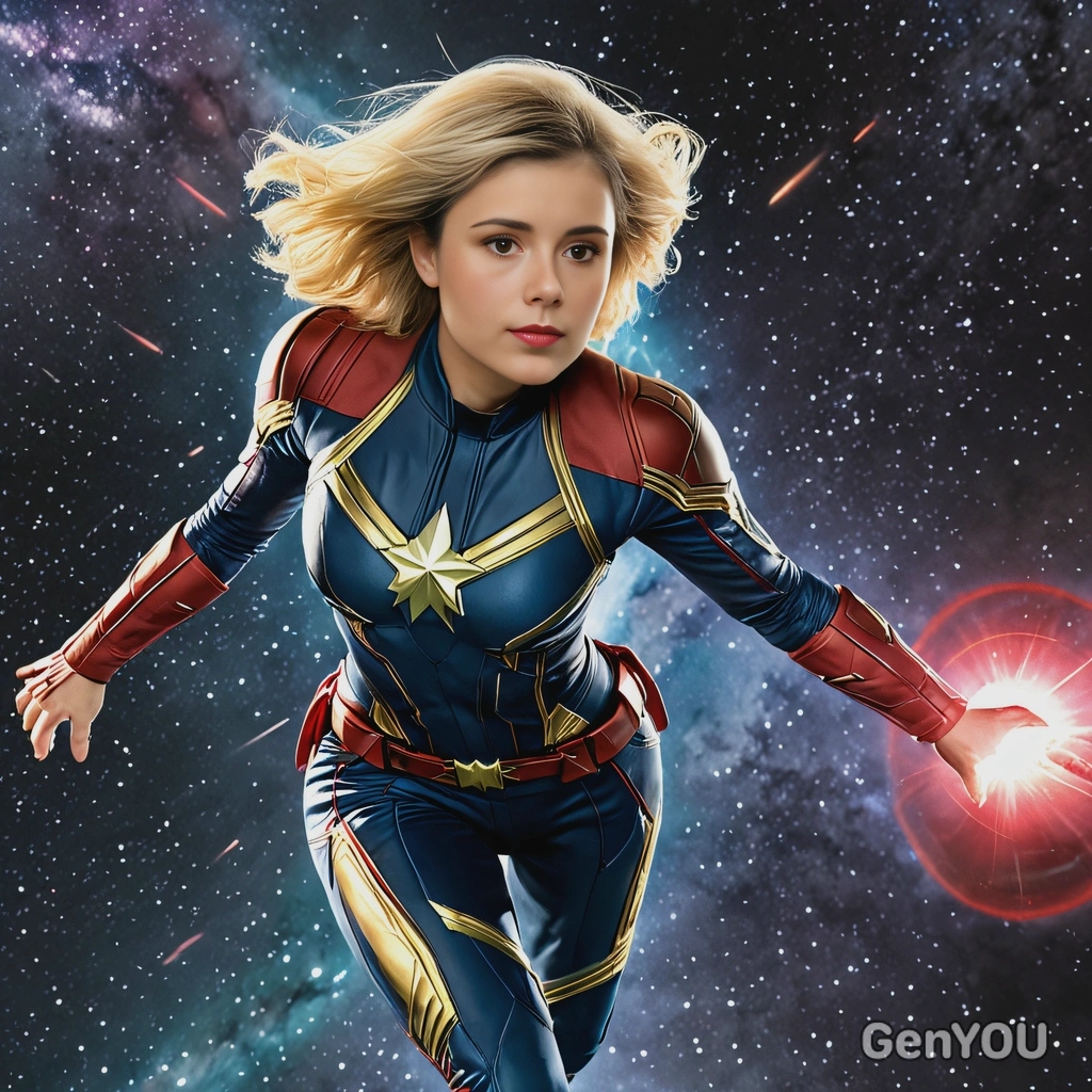 Captain Marvel flying through space at light speed