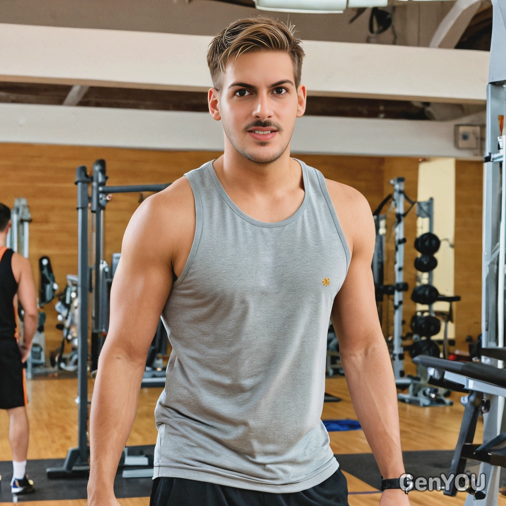 mid-shot, with a crew cut, in an athleisure tank top and shorts, at a community gym