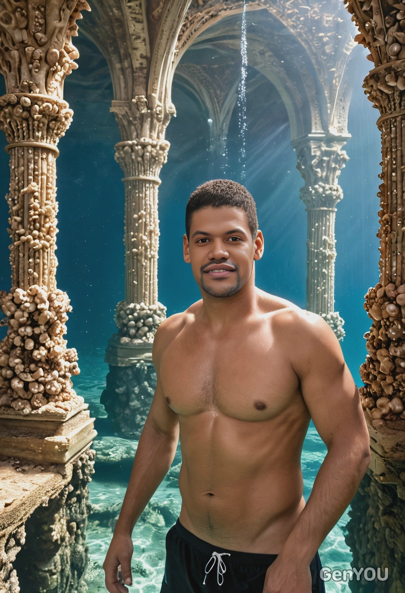 a swimmer exploring an underwater palace made of coral and pearls