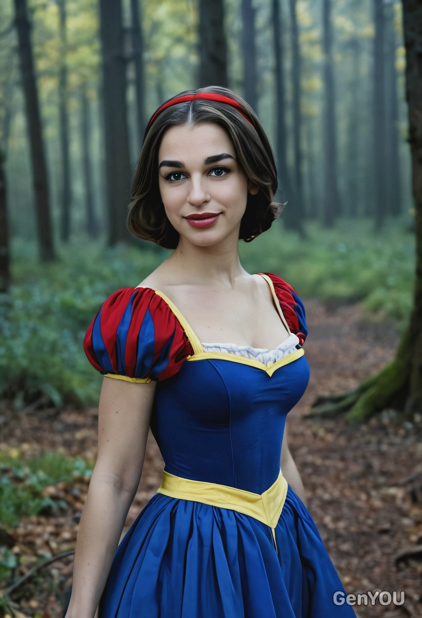 as Snow White, in blue red and yellow dress, in a forest, full body pose, blurred background, movie still, dark atmosphere