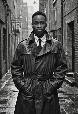 in a 1950s detective trench coat, standing in a rainy alleyway, with a black and white effect