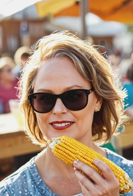 with a fried corn, at the fair, spring, bright sunlight, sunglasses, blurred background