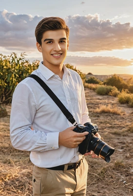 as a photographer in casual attire with a camera slung over the shoulder, standing in an outdoor setting, capturing the perfect shot during the golden hour
