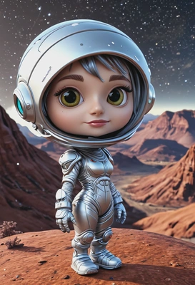 3D sci-fi chibi style, curious alien traveler in silver spacesuit, oversized cartoon big sparkling eyes, waist-up pose, glowing alien planet landscape