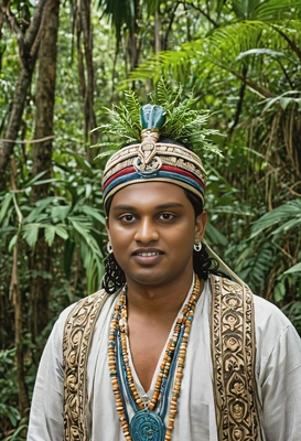 An ancient Mayan priest, surrounded by dense jungle