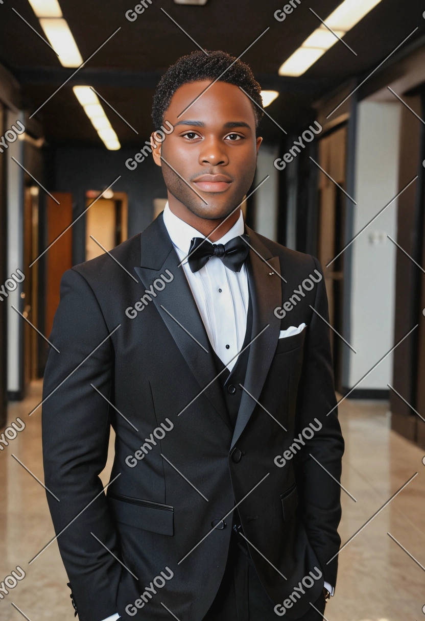 in a black tuxedo, seductive gaze, professional indoor lighting, blurry business hall background, sharp high-quality image, soft shadows, eyes on you, flirty smile
