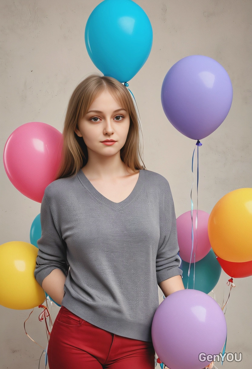 standing with a bundle of balloons, looking directly forward