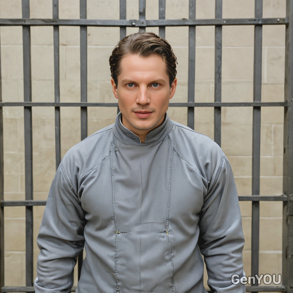 dressed as Hannibal Lecter from The Silence of the Lambs in gray prison costume, in prison