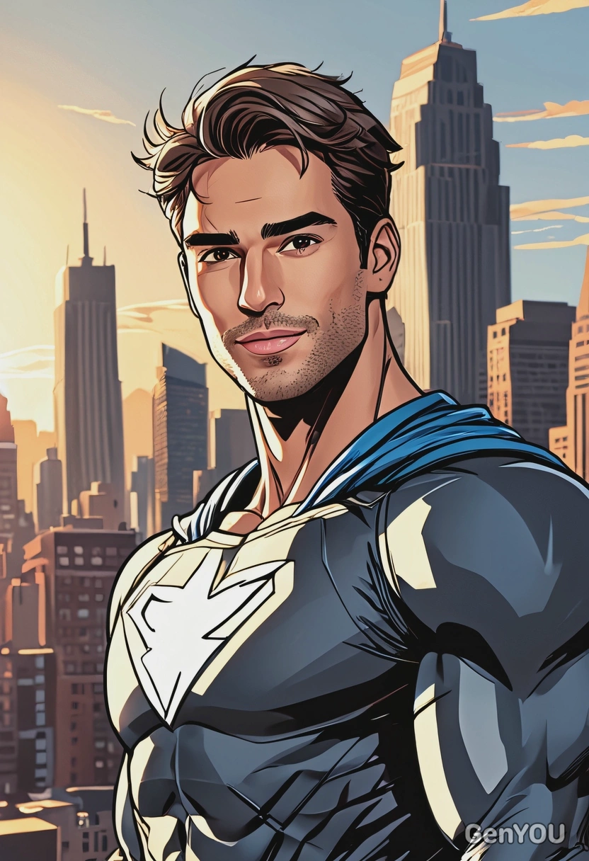 Hand-drawn flat cartoon style, Superhero, bold heroic outlines, bright sunlit lighting, waist-up portrait, city skyline background