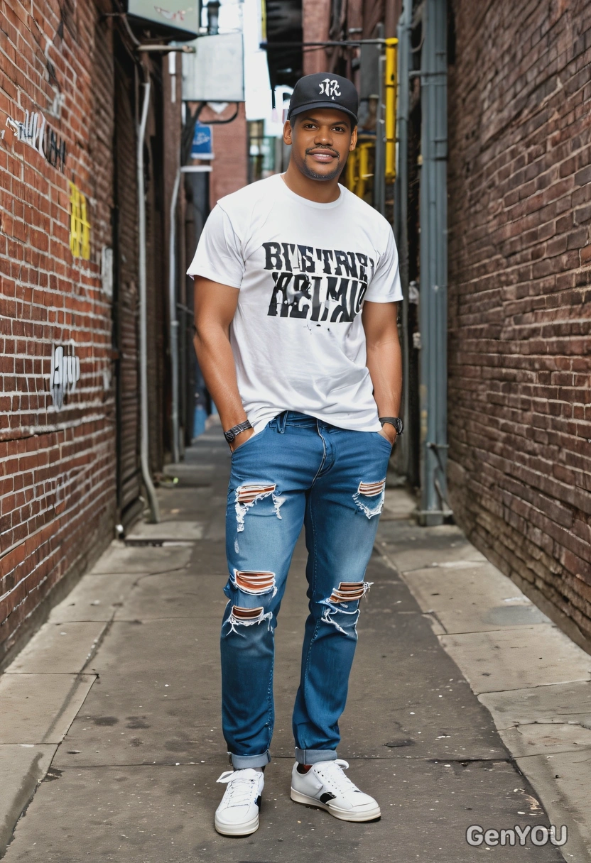 in a casual street-style outfit with ripped jeans, a graphic t-shirt, and a baseball cap, standing in a city alleyway with a neon sign overhead