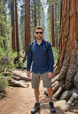 As a hiker, walking around Sequoia National Park in California, with sunglasses, full body 