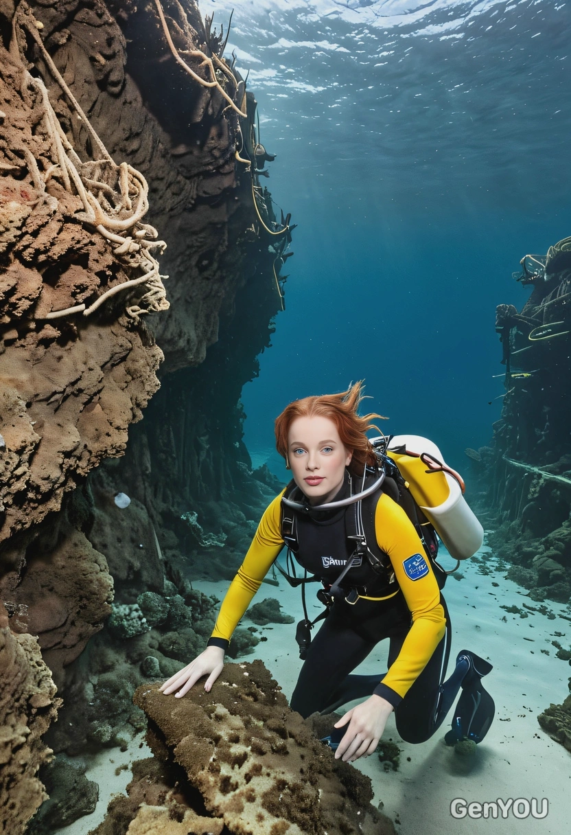 a diver discovering a sunken city at the bottom of the ocean