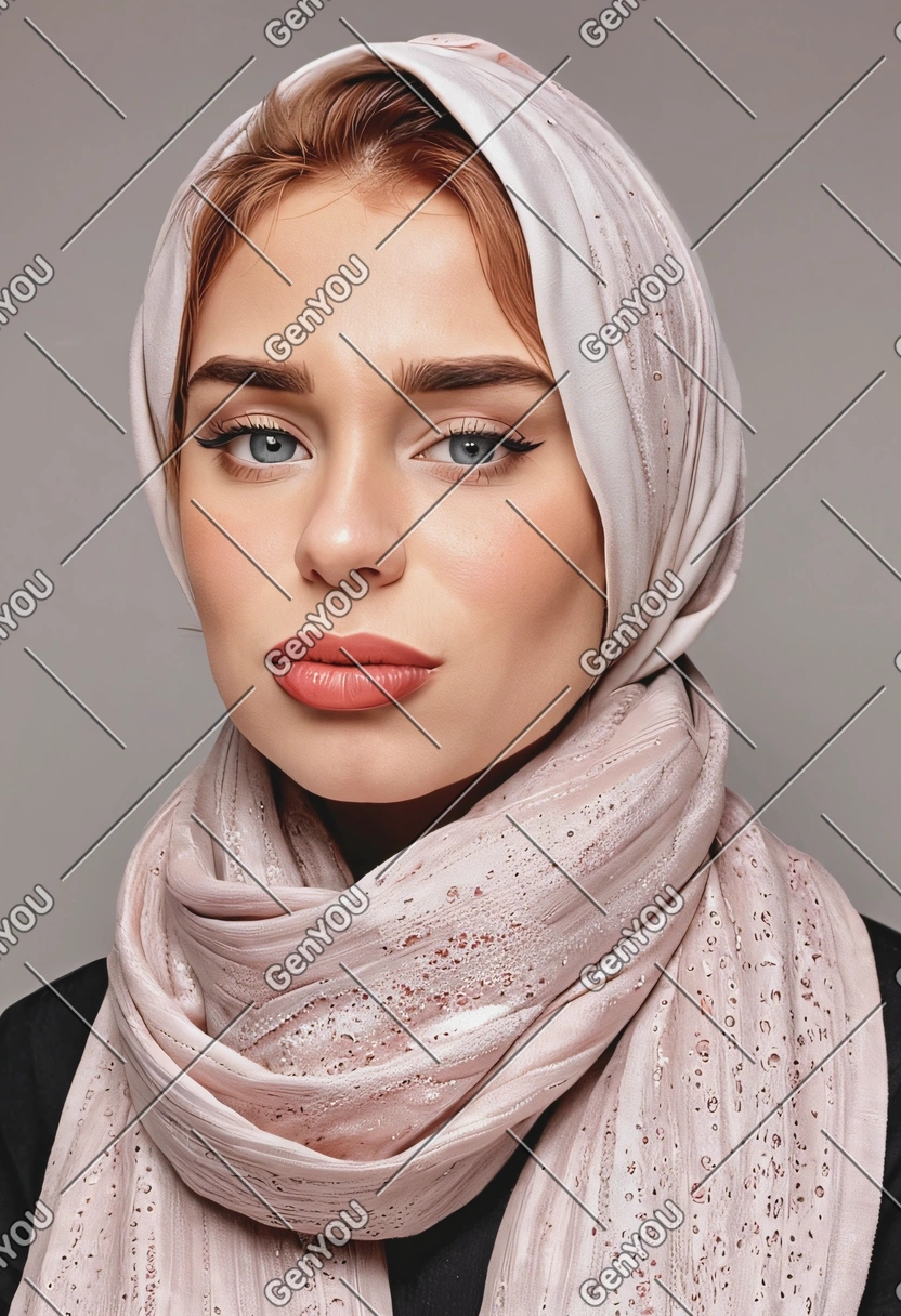 with flawless, radiant skin, highlighting a dewy and fresh complexion achieved with skincare-infused makeup, happy, looking up, scarf
