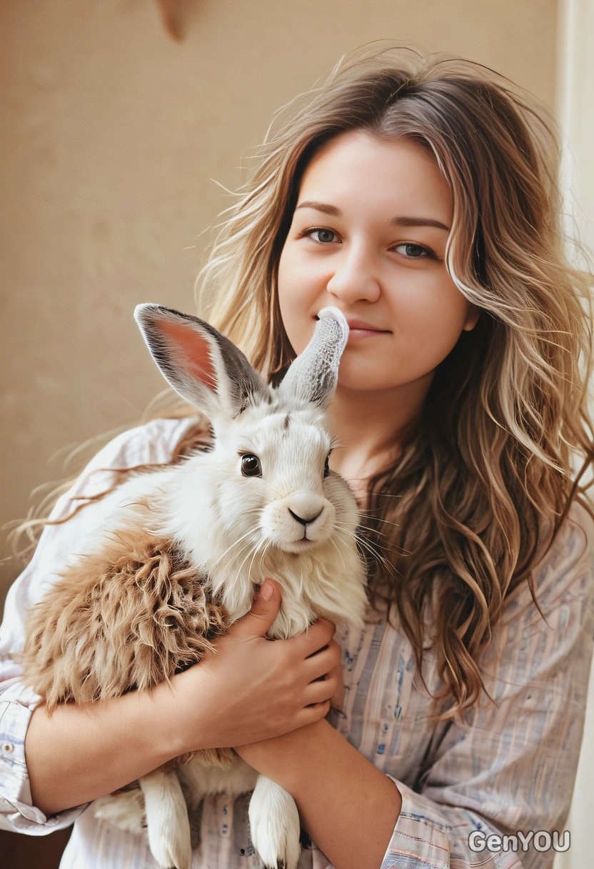 holding a hare, home, soft focus, wavy hair, blurred background, warm tones, professional shot