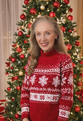 wearing a cozy red sweater with snowflake patterns, standing in front of a beautifully decorated Christmas tree with twinkling lights and wrapped presents underneath, close up photo