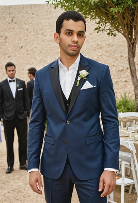 s the groom in a casual, yet refined outfit with a blazer and dress pants, at a relaxed outdoor wedding