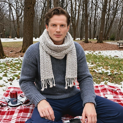 in a wool sweater and scarf, sitting on a picnic blanket in the snow