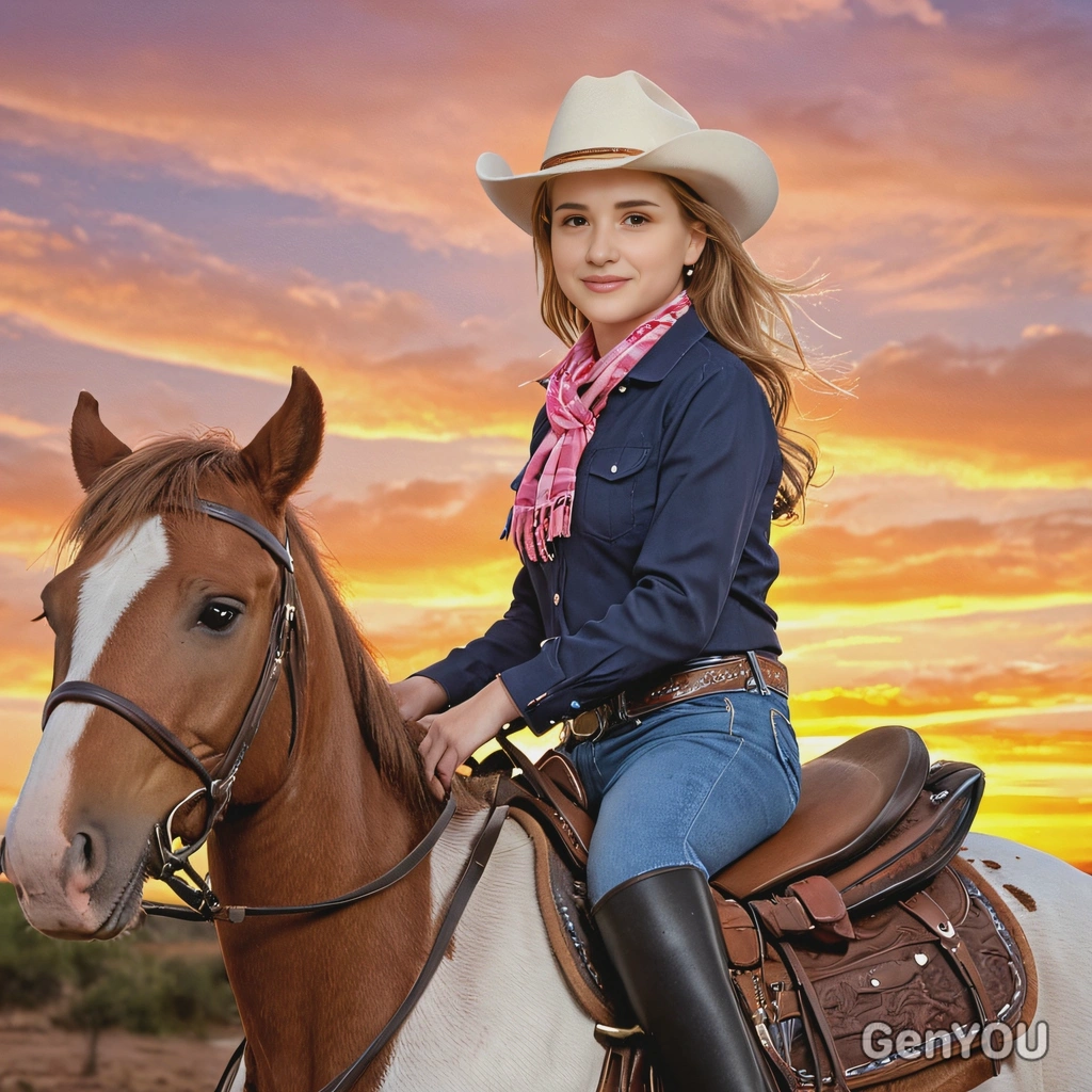 as a cowgirl on a gentle horse ride at sunset, the sky painted with colors, blurred background 