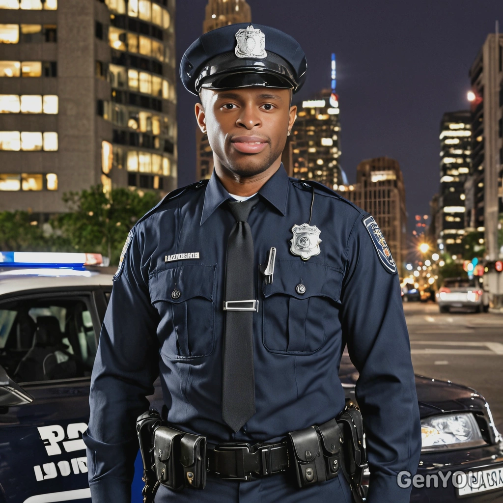 as a police officer in a navy blue uniform with a badge and utility belt, standing in front of a patrol car, ready to start a night shift in the city background