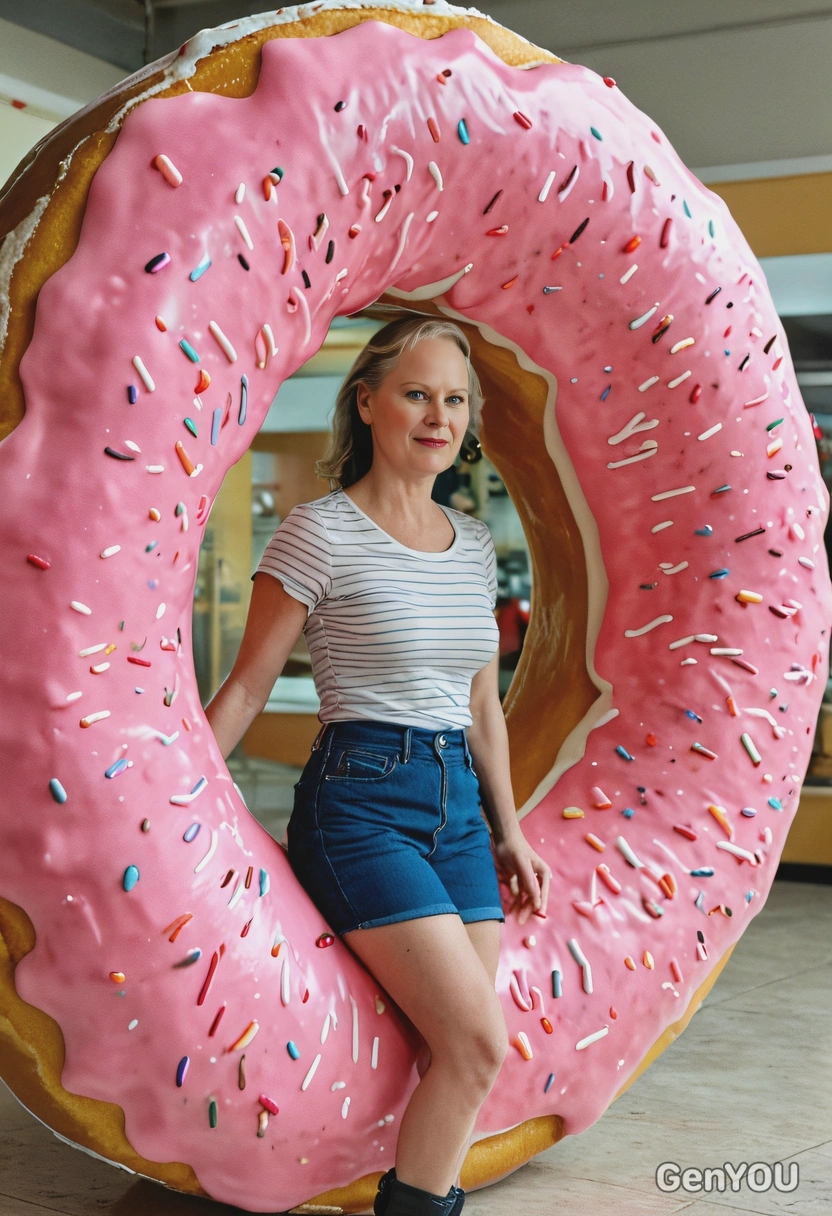 standing inside a giant donut, blurred background, cinematographic style