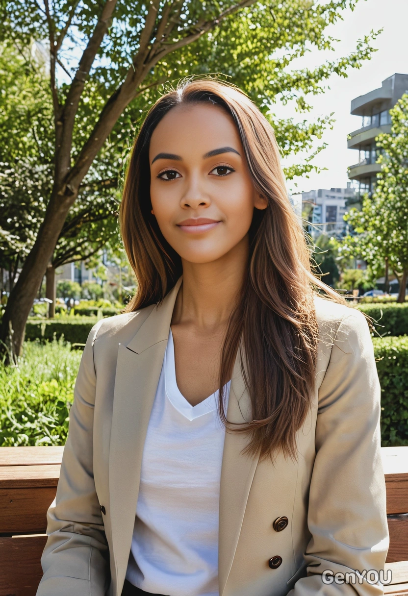 mid-shot, with long smooth layered hair, wearing a beige blazer, on a sunlit city bench surrounded by greenery