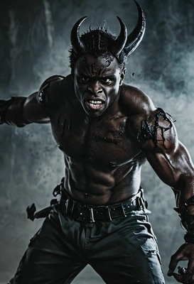 blurry background, professional photoshoot, dramatic fightic scene, fighting with a dark demon