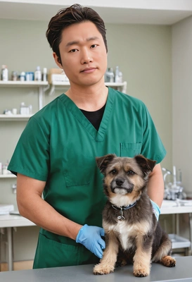 as a veterinarian in green scrubs, standing in a veterinary clinic with a gentle smile, comforting a small dog on the examination table, blurry background, professional filming