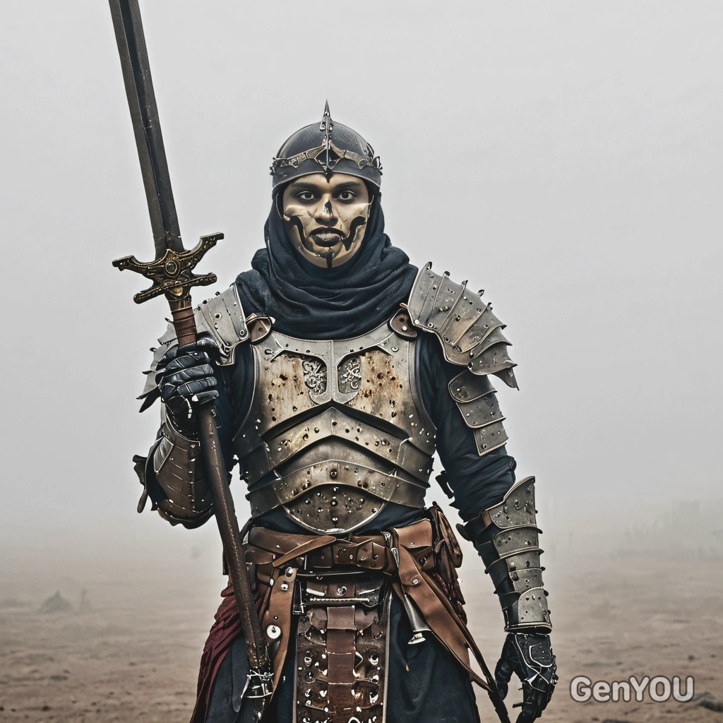 as a cursed knight, with a rusty armor and a sword, standing in a foggy battlefield filled with skeletons and broken weapons
