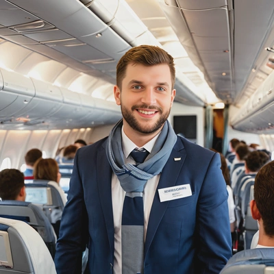 as a flight attendant, wearing a stylish uniform with a scarf, standing in the aisle of a modern airplane, smiling at passengers