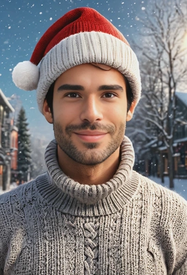 wearing Santa's hat for social media avatar, blurry snowstorm background, cozy winter turtleneck sweater, outdoor lighting with sun glares on the skin, windy dynamic image, slightly flirty smile, straight gaze, high-quality image, hyperrealistic skin texture