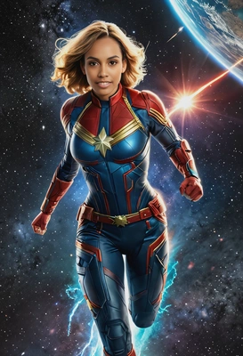 Captain Marvel flying through space, glowing with cosmic energy