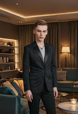 standing in a dimly lit lounge with ambient lighting, wearing a sophisticated outfit